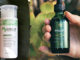 Collage of new CBD beauty products from MyCHELLE Dermaceutical and Philip B