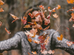 a girl wearing a sweater throws fall leaves up in the air while laughing and smiling